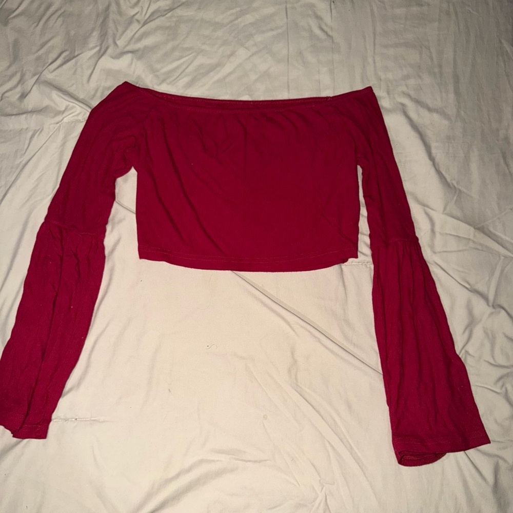 SHEIN Off-Shoulder Long Sleeve Crop Top - Red